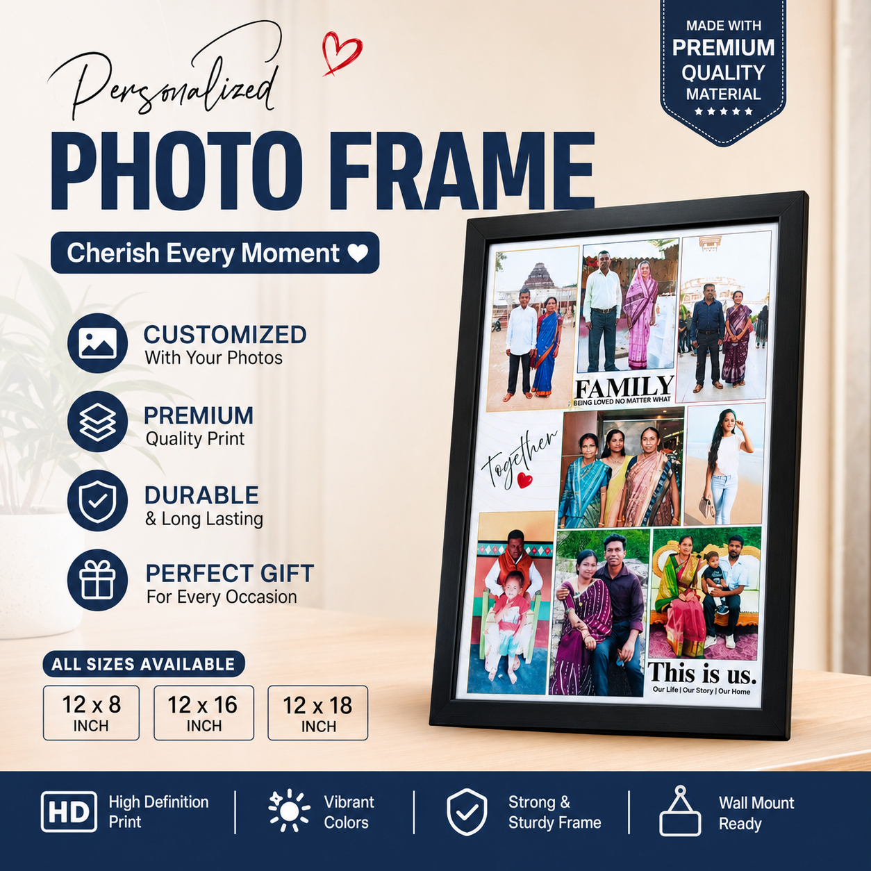 Yaadiva Personalized Photo Frame | Custom Family Collage Frame | DESIGN 1 | Black 1 Inch Border | HD Photo Print | Wall Hanging Gift | Available in 12×8, 12×16 & 12×18 Inch - Image 2