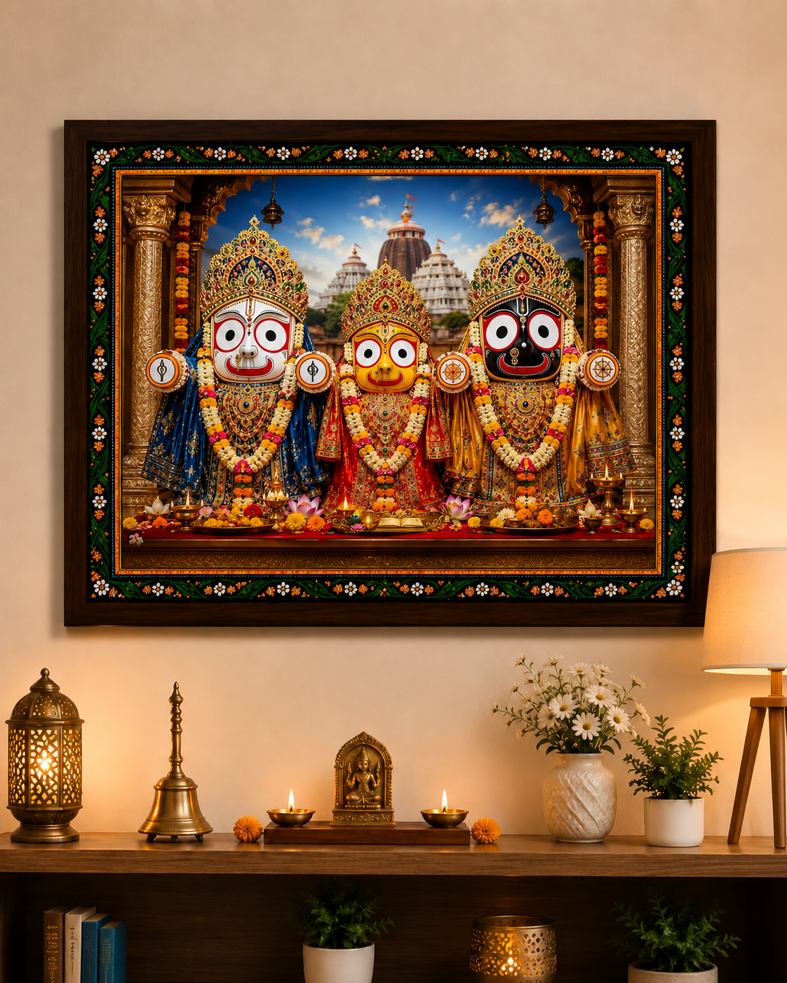 Jagannath Subhadra Balram Wooden Photo Frame | HD Wall Decor | Premium Home Temple Frame | Design 2 | Available in 12x8, 12x16 & 12x18 Inch