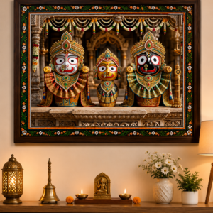 Jagannath Subhadra Balram Wooden Photo Frame | HD Wall Decor | Premium Home Temple Frame | Design 3 | Available in 12x8, 12x16 & 12x18 Inch