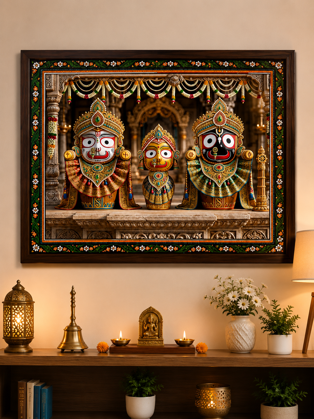 Jagannath Subhadra Balram Wooden Photo Frame | HD Wall Decor | Premium Home Temple Frame | Design 3 | Available in 12x8, 12x16 & 12x18 Inch