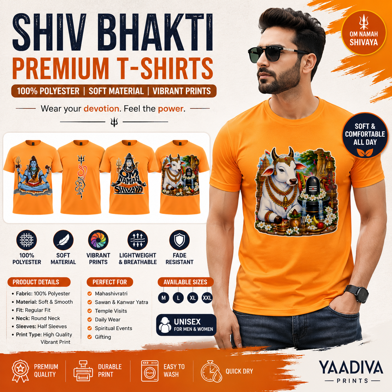 Bol Bam Har Har Mahadev Orange T-Shirt | Unisex Round Neck | Soft Polyester | Shravan & Kanwar Special - Image 2