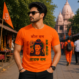 Bol Bam Har Har Mahadev Orange T-Shirt | Unisex Round Neck | Soft Polyester | Shravan & Kanwar Special